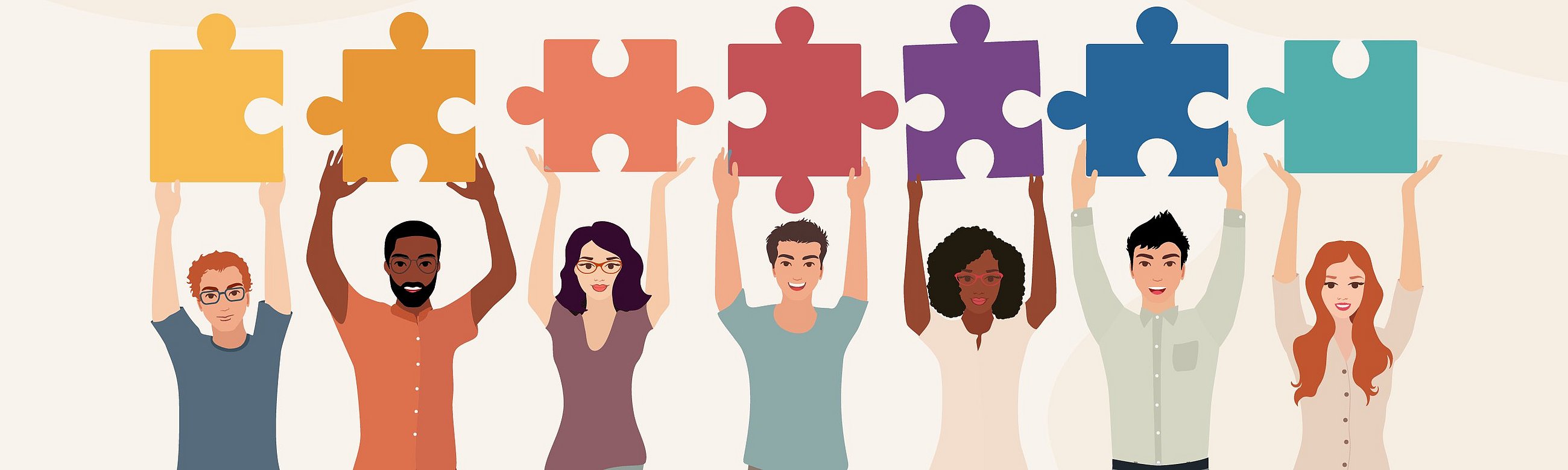 Illustration von sieben Menschen, die nebeneinander stehen und jeweils ein großes, buntes Puzzleteil über den Kopf halten.